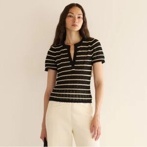 NWT Doen Brandie Cotton Silk Short Sleeve Puff Sweater Top Noir Allaire Stripe